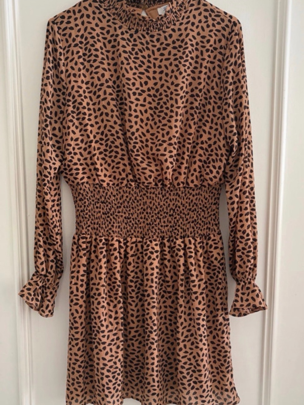 She + Sky Tan Long-Sleeve Smocked Waist Leopard Print Dress